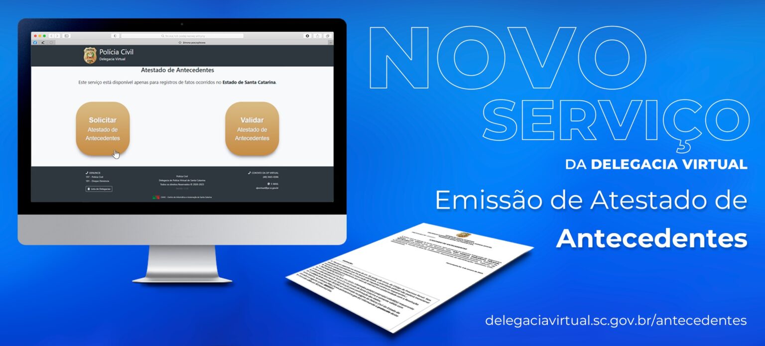 Ilustração de um monitor com o novo serviço de Emissão de Atestado de Antecedentes